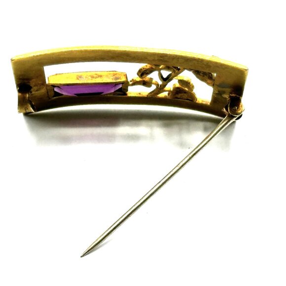Transitional Art Deco Brass Brooch by George L Paine with Purple Glass Cabochon - Picture 4 of 9